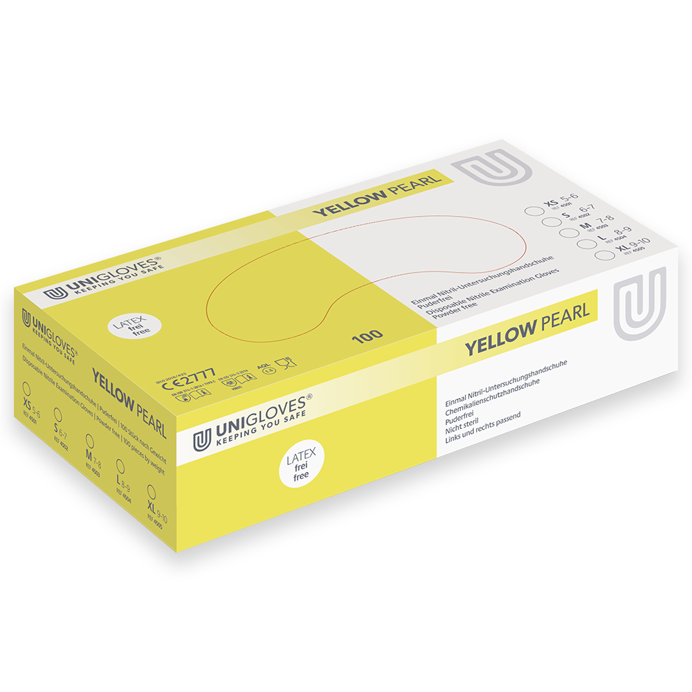 Unigloves Yellow Pearl, Nitrilhandschuhe, Gelb, Puderfrei, 1 Karton = 10 x 100 = 1.000 Stück - L