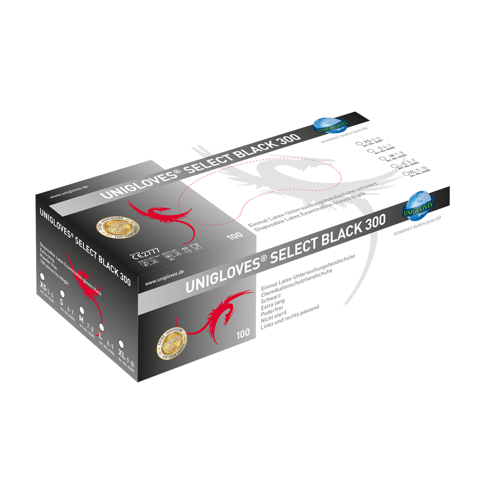 Unigloves Select Black 300, Latexhandschuhe, Schwarz, Puderfrei, 1 Karton = 10 x 100 = 1.000 Stück - L